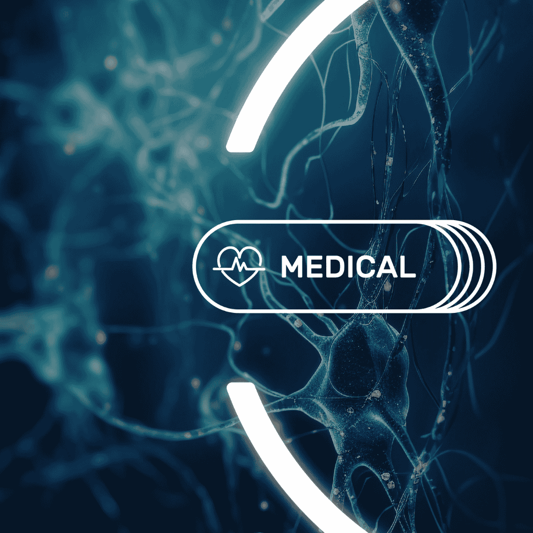 Abstract neural network illustration with medical icon representing healthcare technology