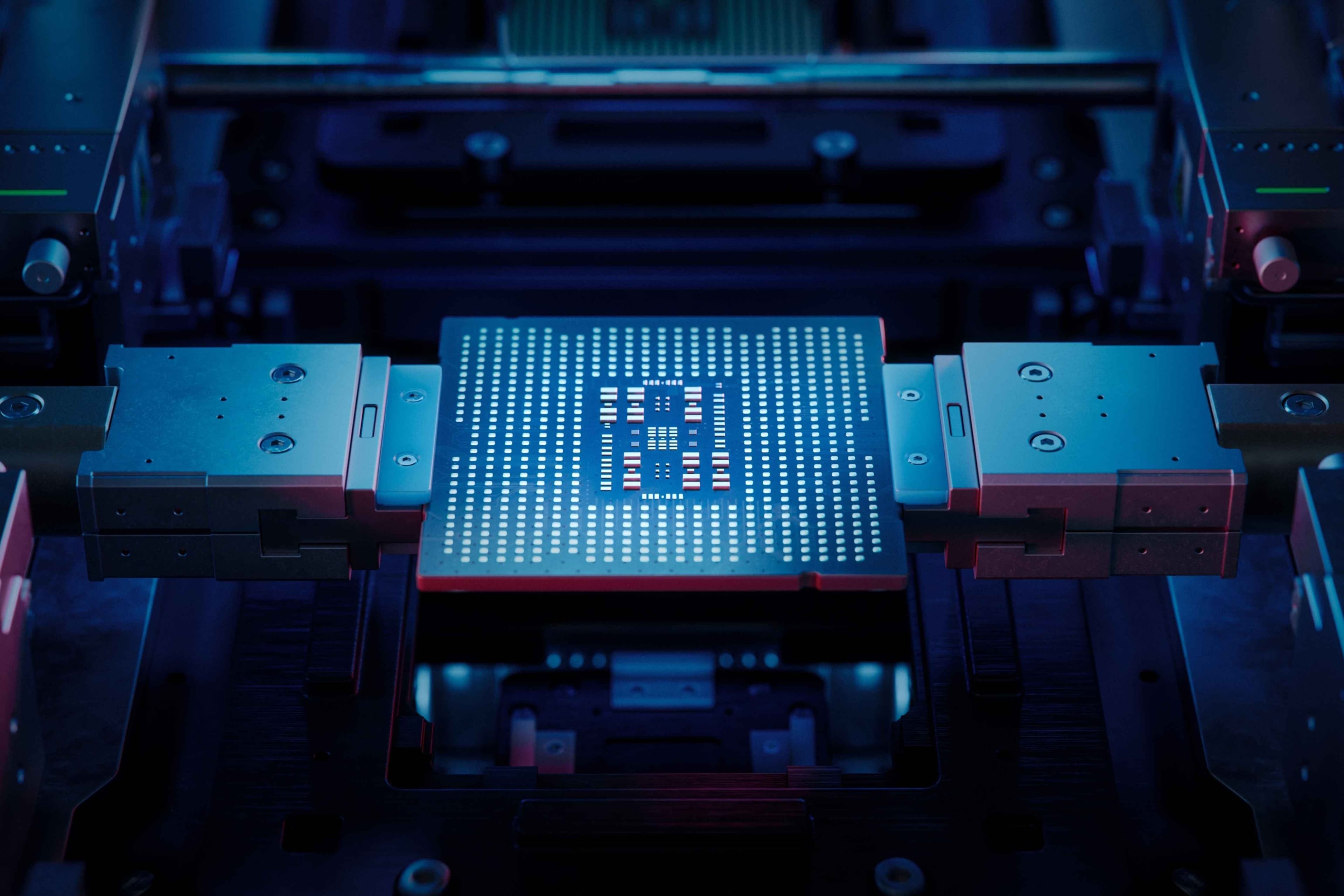Microchip on Conveyor Line during Production and Packaging Process on Semiconductor Fab. Advanced Computer Chip in Industrial Environment. Processor at Engineering Laborator